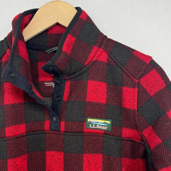 LL BEAN Sweater Fleece Womens M Buffalo Check 1/4 Snap Pullover Kangaroo Pockets - Picture 7 of 13